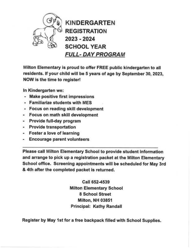 2023 / 2024 Milton School District Kindergarten Registration Milton